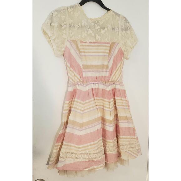 OLIVEdes OLIVE Dress sz Small Pink Beige Striped Lace Corset Top Flared Lined - Picture 7 of 16